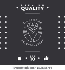 Logotype in a circle - linear symbols - hands hold the heart with a labyrinth - a symbol of support, mutual help, protect and care.