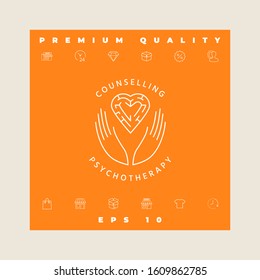 Logotype in a circle - linear symbols - hands hold the heart with a labyrinth - a symbol of support, mutual help, protect and care.