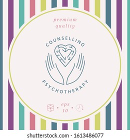 Logotype in a circle - linear symbols - hands hold the heart with a labyrinth - a symbol of support, mutual help, protect and care.