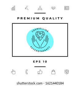 Logotype in a circle - linear symbols - hands hold the heart with a labyrinth - a symbol of support, mutual help, protect and care.