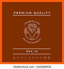 Logotype in a circle - linear symbols - hands hold the heart with a labyrinth - a symbol of support, mutual help, protect and care.