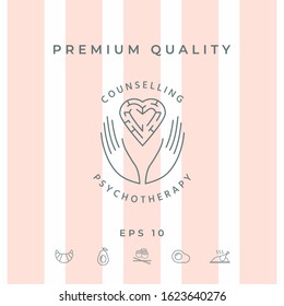 Logotype in a circle - linear symbols - hands hold the heart with a labyrinth - a symbol of support, mutual help, protect and care.