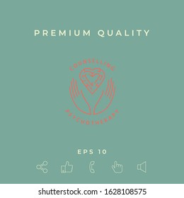 Logotype in a circle - linear symbols - hands hold the heart with a labyrinth - a symbol of support, mutual help, protect and care.