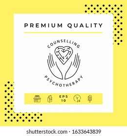 Logotype in a circle - linear symbols - hands hold the heart with a labyrinth - a symbol of support, mutual help, protect and care.