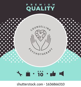 Logotype in a circle - linear symbols - hands hold the heart with a labyrinth - a symbol of support, mutual help, protect and care.