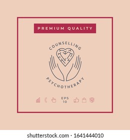 Logotype in a circle - linear symbols - hands hold the heart with a labyrinth - a symbol of support, mutual help, protect and care.