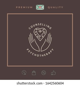 Logotype in a circle - linear symbols - hands hold the heart with a labyrinth - a symbol of support, mutual help, protect and care.