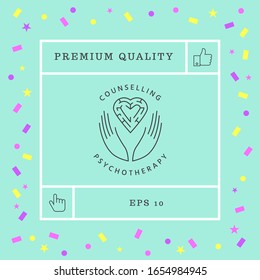 Logotype in a circle - linear symbols - hands hold the heart with a labyrinth - a symbol of support, mutual help, protect and care.