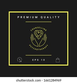 Logotipo en un círculo - símbolos lineales - las manos sostienen el corazón con un laberinto - un símbolo de apoyo, ayuda mutua, protección y cuidado.