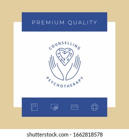 Logotype in a circle - linear symbols - hands hold the heart with a labyrinth - a symbol of support, mutual help, protect and care.