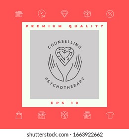 Logotype in a circle - linear symbols - hands hold the heart with a labyrinth - a symbol of support, mutual help, protect and care.