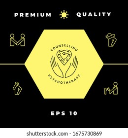 Logotype in a circle - linear symbols - hands hold the heart with a labyrinth - a symbol of support, mutual help, protect and care.