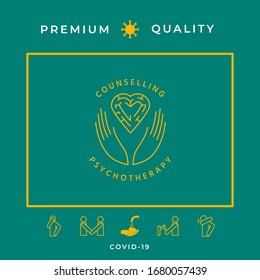 Logotype in a circle - linear symbols - hands hold the heart with a labyrinth - a symbol of support, mutual help, protect and care.