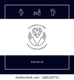 Logotype in a circle - linear symbols - hands hold the heart with a labyrinth - a symbol of support, mutual help, protect and care.