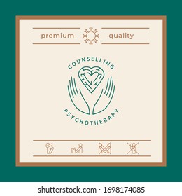 Logotipo en un círculo - símbolos lineales - las manos sostienen el corazón con un laberinto - un símbolo de apoyo, ayuda mutua, protección y cuidado.