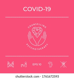 Logotype in a circle - linear symbols - hands hold the heart with a labyrinth - a symbol of support, mutual help, protect and care.