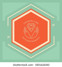 Logotype in a circle - linear symbols - hands hold the heart with a labyrinth - a symbol of support, mutual help, protect and care.