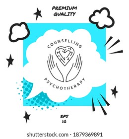 Logotype in a circle - linear symbols - hands hold the heart with a labyrinth - a symbol of support, mutual help, protect and care.