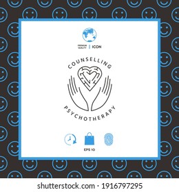 Logotype in a circle - linear symbols - hands hold  the heart with a labyrinth 