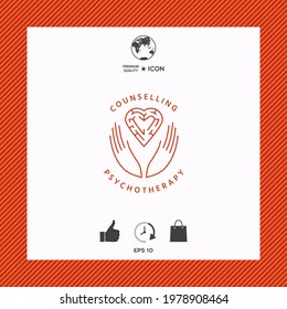 Logotype in a circle - linear symbols - hands hold  the heart with a labyrinth 