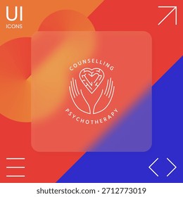 Logotype im Kreis - lineare Symbole - Hände halten das Herz mit einem Labyrinth 