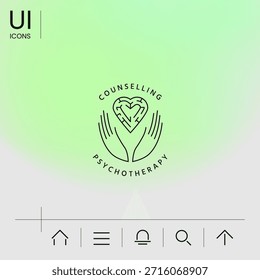 Logotype im Kreis - lineare Symbole - Hände halten das Herz mit einem Labyrinth 