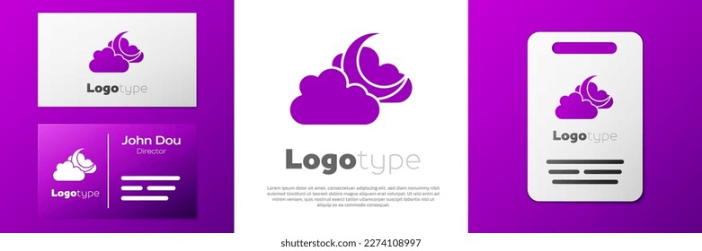 Logotype Cloud with moon icon isolated on white background. Cloudy night sign. Sleep dreams symbol. Night or bed time sign. Logo design template element. Vector