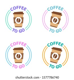 Logotype for coffee shop with take away. Vector illustration for coffee to go restaurant isolated on white background. Business theme.