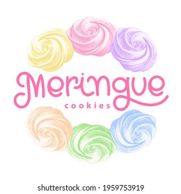 Logotype with color french meringue twirls, marshmallow, zephyr. sweetness, sweet cake. Sketch with lettering. graphic vintage retro style. Emblem.