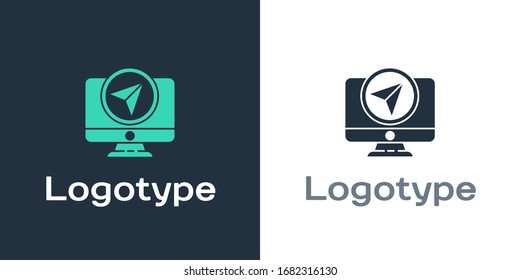 Logotype Computer monitor and folded map with location marker icon isolated on white background. Logo design template element. Vector Illustration