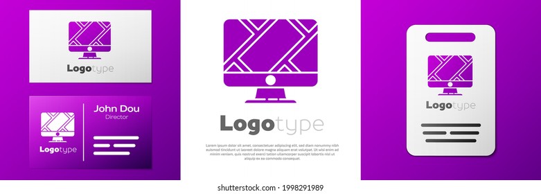 Logotype Computer monitor and folded map with location marker icon isolated on white background. Logo design template element. Vector Illustration