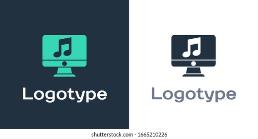 Logotype Computer mit Symbol für Musiktitel auf Bildschirm, einzeln auf weißem Hintergrund. Logo-Design-Element. Vektorillustration-Illustration