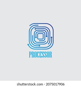 Logotype Computer processor with microcircuits CPU icon isolated on white background. Chip or cpu with circuit board. Micro processor. Logo design template element. Vector Illustration