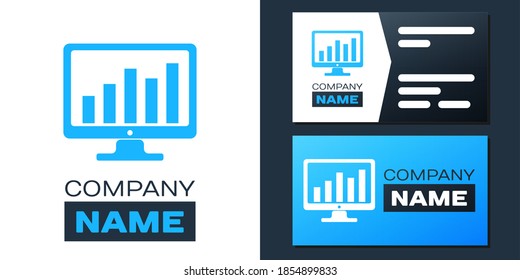 Logotype Computer screen with financial charts and graphs icon isolated on white background. Chart bars and financial analytics. Logo design template element. Vector.