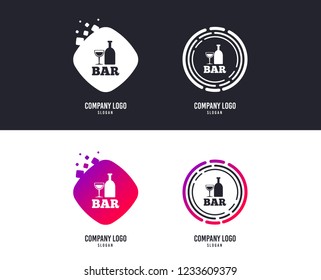 Logotype concept. Bar or Pub sign icon. Wine bottle and Glass symbol. Alcohol drink symbol. Logo design. Colorful buttons with icons. Vector