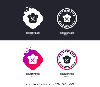 Logotype concept. Chef hat sign icon. Cooking symbol. Cooks hat with fork and knife. Logo design. Colorful buttons with icons. Vector