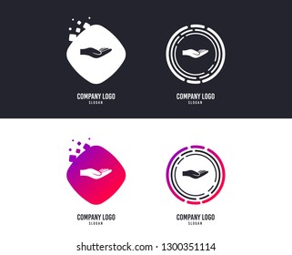 Logotype concept. Donation hand sign icon. Charity or endowment symbol. Human helping hand palm. Logo design. Colorful buttons with icons. Vector