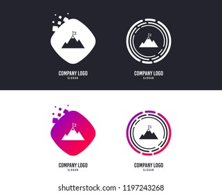 Logotype concept. Flag on mountain icon. Leadership motivation sign. Mountaineering symbol. Logo mountain valley design. Colorful buttons with icons. Vector