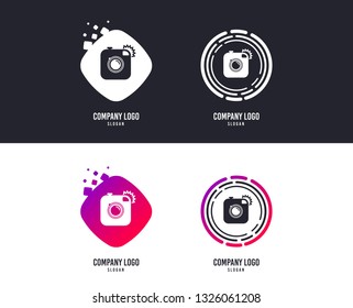Logotype concept. Hipster photo camera sign icon. Retro camera with flash symbol. Logo design. Colorful buttons with icons. Vector