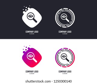 Logotype concept. Investigate icon. Magnifying glass with eye symbol. Logo design. Colorful buttons with icons. Vector