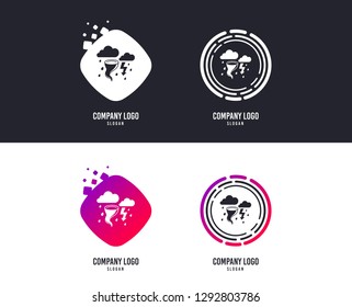 Logotype concept. Storm bad weather sign icon. Clouds with thunderstorm. Gale hurricane symbol. Destruction and disaster from wind. Insurance symbol. Logo design. Colorful buttons with icons. Vector