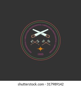 Logotype for construction and carpentry industries. Design elements, objects and tools. Logo for natural log home builders and wood craftsmen. Vector illustration. 