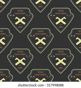 Logotype for construction and carpentry industries. Design elements, objects and tools. Logo for natural log home builders and wood craftsmen. Vector illustration seamless pattern. 