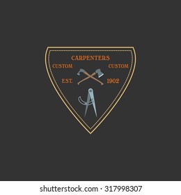 Logotype for construction and carpentry industries. Design elements, objects and tools. Logo for natural log home builders and wood craftsmen. Vector illustration. 