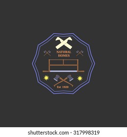 Logotype for construction and carpentry industries. Design elements, objects and tools. Logo for natural log home builders and wood craftsmen. Vector illustration. 