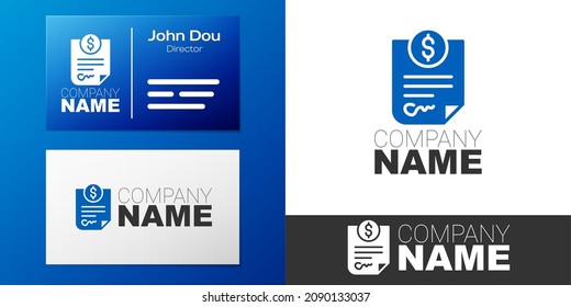 Logotipo Icono de dinero del contrato aislado en fondo blanco. Página de dinero de financiamiento de archivos en dólares del documento bancario. Elemento de plantilla de diseño de logotipo. Vector