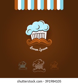 Logotype with cook cap, cup cake like cloud and mustache
