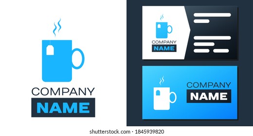 Logotype Cup of tea with tea bag icon isolated on white background. Logo design template element. Vector.