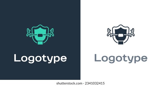 Logotipo de las reglas de los ciervos en el icono de escudo aislado en el fondo blanco. Trofeo de caza en la pared. Elemento de plantilla de diseño de logotipo. Vector
