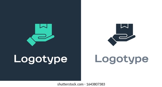 Logotype Delivery hand with cardboard boxes icon isolated on white background. Door to door delivery by courier. Logo design template element. Vector Illustration